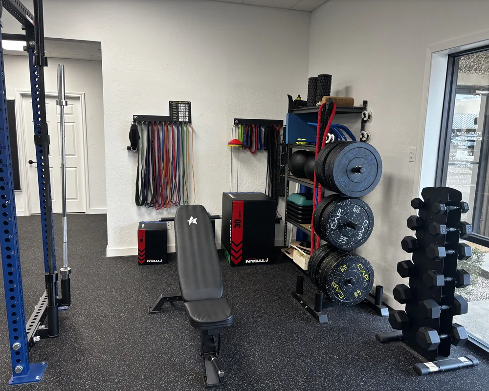 The training and rehab equipment area at Recalibrate Performance and Rehab in College Station, TX