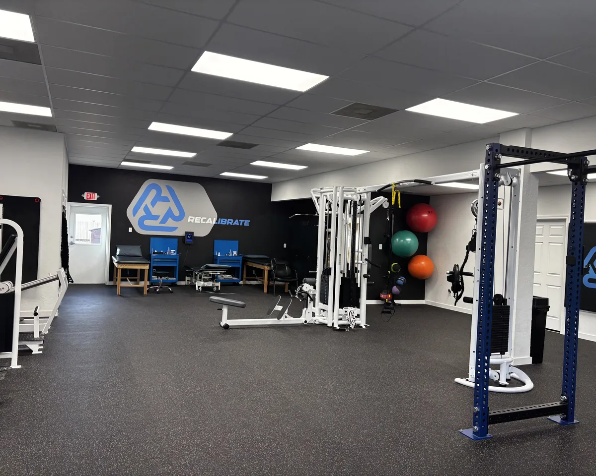 The training and rehab equipment area at Recalibrate Performance and Rehab in College Station, TX